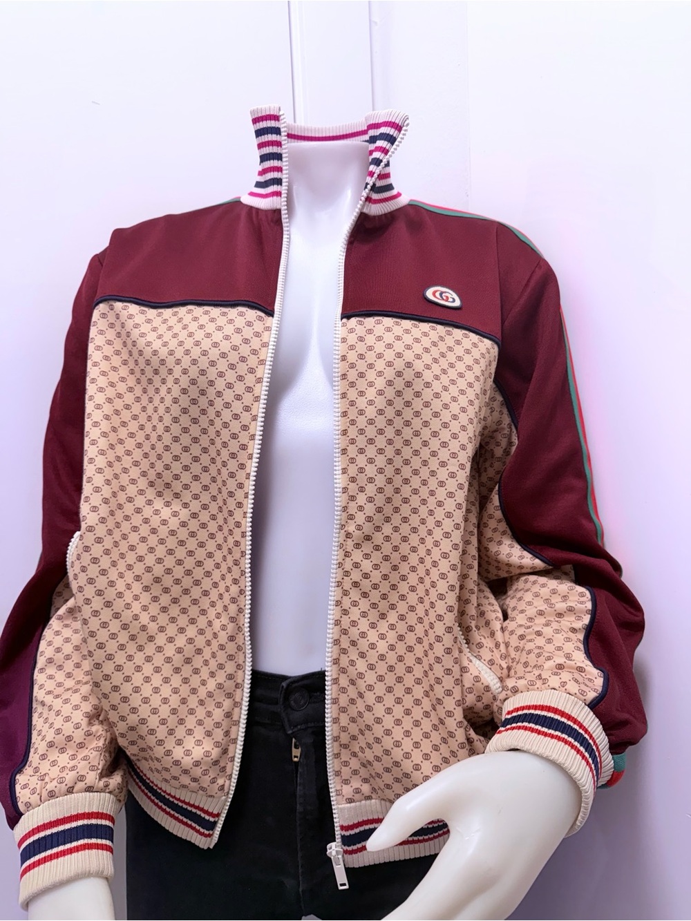 Gucci Interlocking GG Monogram Track Jacket Burgundy Beige Size S Made in Italy